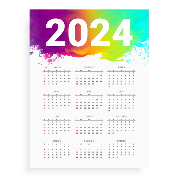 Vector waterverf stijl 2024 nieuwjaar engels kalender lay-out ontwerp vector