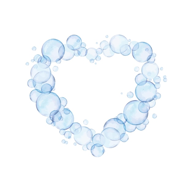 Waterverf tekening hart frame van verschillende grootte blauwe luchtbubbels op witte achtergrond doorzichtig