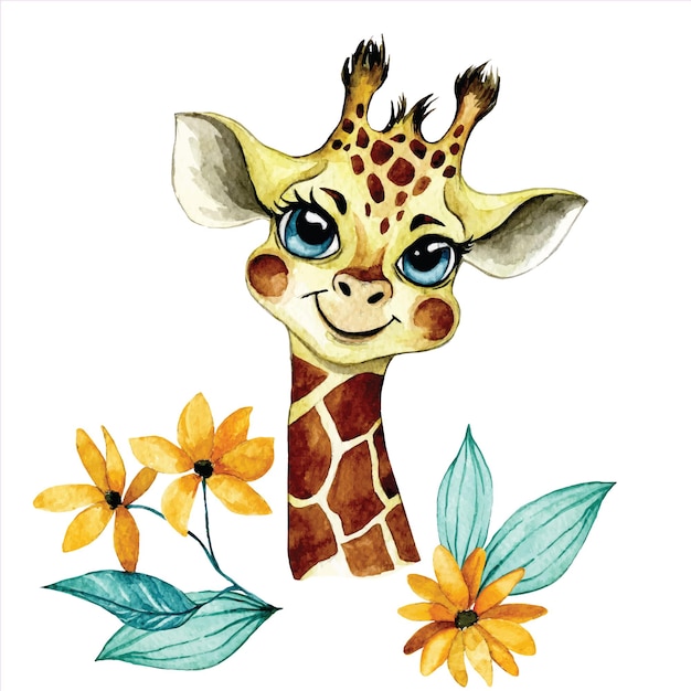 Vector waterverf tekening van een schattige baby giraffe tropische dieren kawaii