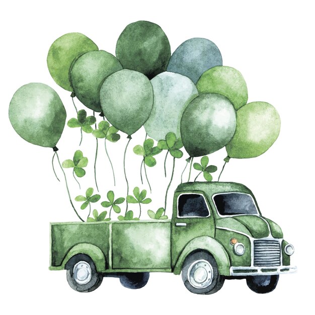 waterverf tekening voor St Patrick's Day groene auto vrachtwagen met ballonnen en klaver vintage