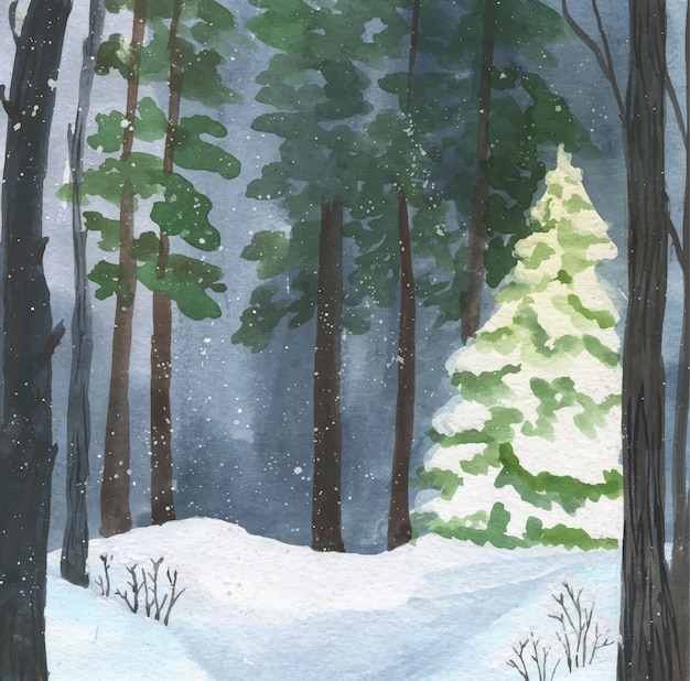 Waterverfafbeelding van een winterbos, pijnbomen in de sneeuw