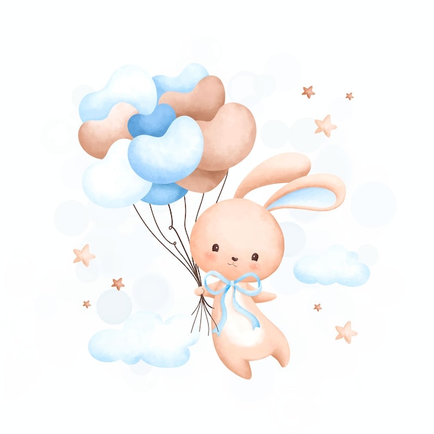 Waterverfillustratie Schattig konijn en ballonnen op wolk