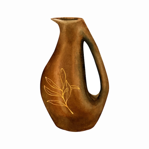 Waterverfillustratie van een keramische kruik voor olijfolie met een geïsoleerd gouden ornament