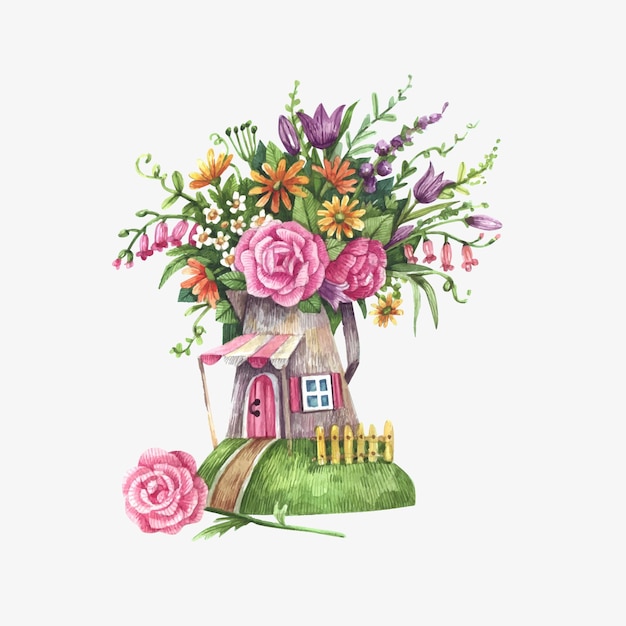 Waterverfillustratie van een rustiek huis in roze bloemen