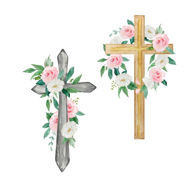 Waterverfkruisen versierd met bloemen Paasreligieus symbool