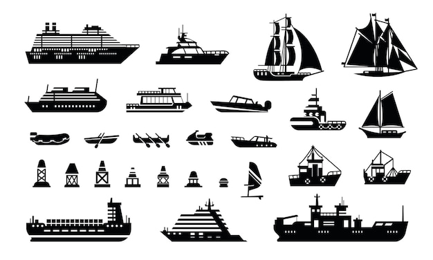 Watervervoer Zwarte silhouet schepen en boten Verschillende industriële schepen logistieke scheepvaart zeevervoer Visserij zeilboot symbolen Schepen iconen Vector collectie