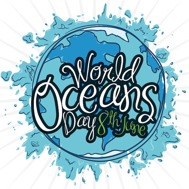 世界海洋デーの水しぶきとアースプラネットを使った水っぽいデザイン