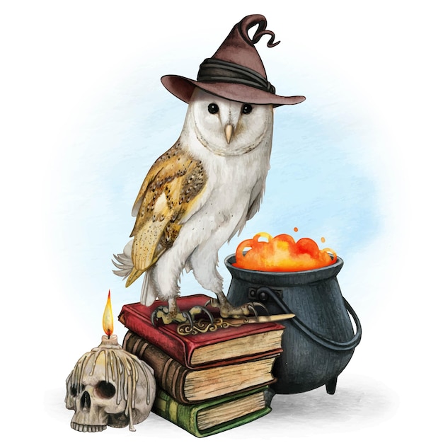 watrcolor beautiful barn owl wearing a witch hat on a staclk of