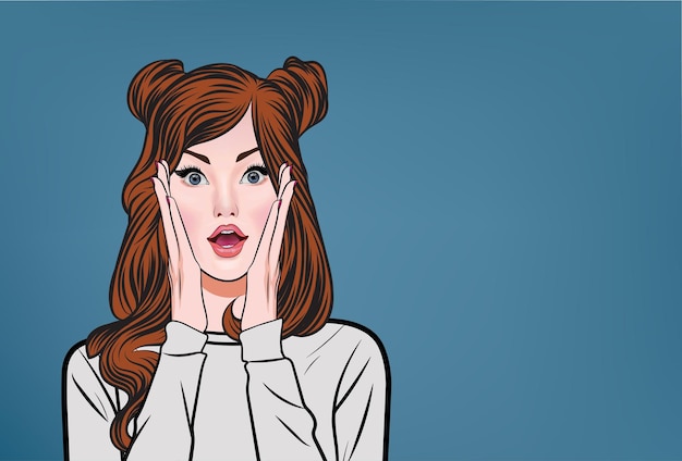 Wauw kijk eens naar deze verraste jonge vrouw die haar vochtige hand op haar wang op een blauwe achtergrond laat rusten Opgewonden verraste vrouw die lege ruimte aangeeft voor advertentie of promotieboodschap