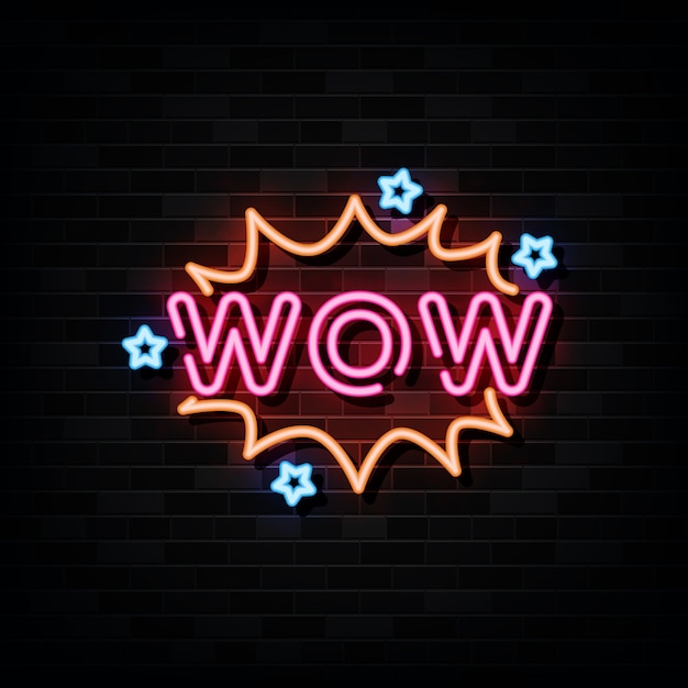 Wauw neonreclame. Ontwerpsjabloon Neon stijl