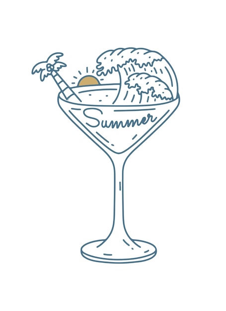 The wave and coconut tree inside of cocktail high glass summer time theme vector art vector mono line art