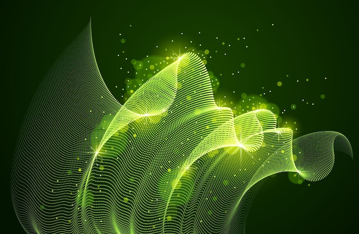Vector wave of flowing magic particles over dark relaxing illustration, transparent tulle textile on wind. round dots vector abstract background. beautiful wave shaped array of blended points.