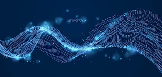 Wave line of flowing particles over dark abstract vector background, smooth curvy shape shining dots fluid array. 3d dots blended mesh, future technology relaxing wallpaper.