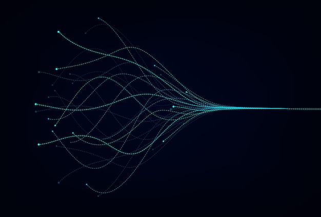 Ai 음악 사운드 벡터 일러스트 레이 션에 대 한 동적 인공 지능 딥 러닝 시각화 네트워크 개념을 흐르는 웨이브 라인