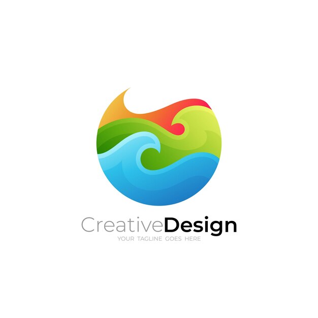 Logo wave con icona della spiaggia modello di design colorato 3d