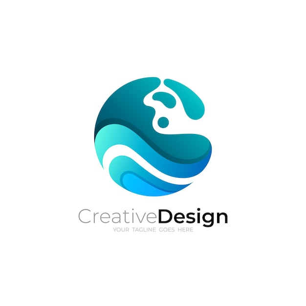 Vettore logo ondulato con modello di design globo icone della terra colore blu