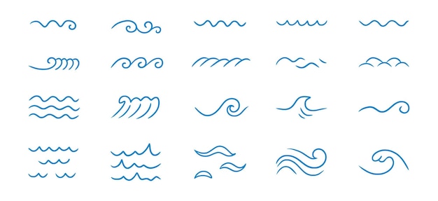 Premium Vector | Wave sea line doodle icon set hand drawn sketch water wave  outline simple curve scribble aqua flow isolated