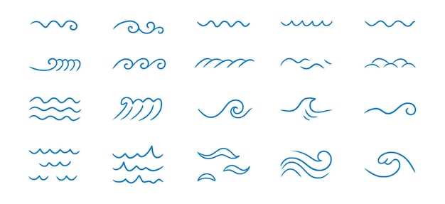 Insieme dell'icona del doodle della linea del mare dell'onda contorno dell'onda dell'acqua dello schizzo disegnato a mano flusso d'acqua a scarabocchio semplice della curva isolato