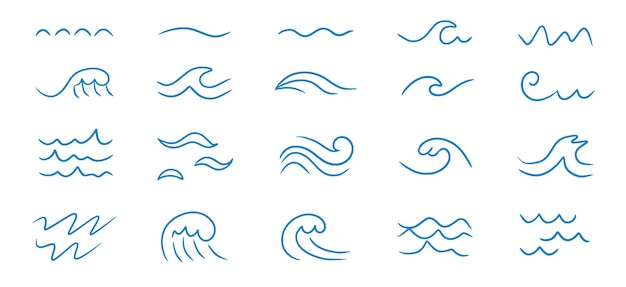 Insieme dell'icona del doodle della linea del mare dell'onda contorno dell'onda dell'acqua dello schizzo disegnato a mano flusso d'acqua a scarabocchio semplice della curva isolato