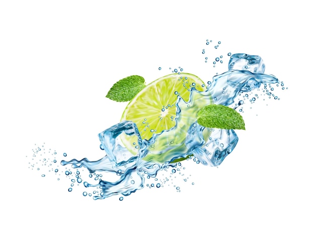 Vector wave splash with lime ice cubes leaves mojito