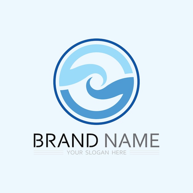 Vector wave and water isolated round shape logo blue color sea ocean river surface