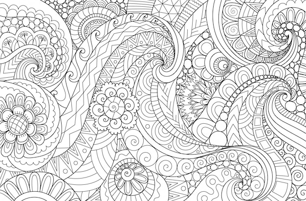 Vector waveabstract line art wavy flow for background, adult coloring book, coloring page illustration