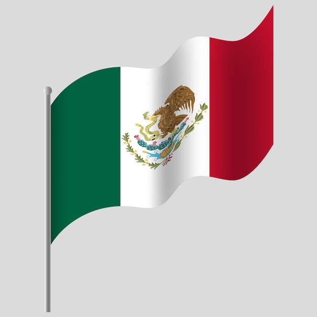 Waved Mexico flag Mexican flag on flagpole Vector emblem of Mexico