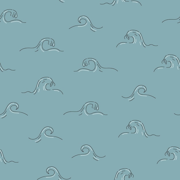 Waves hand drawn style pattern on blue background, storm on the sea