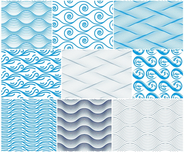 Waves seamless pattern, vector water runny curve lines abstract repeat endless background, blue color rhythmic waves.