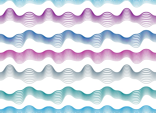 波のシームレスなパターン、ベクトルの水の流れるような曲線ラインの抽象的な繰り返し無限の背景、カラフルなリズミカルな波。