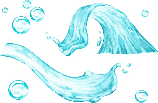 Waves and splashes of water with soap bubblesWatercolor illustration