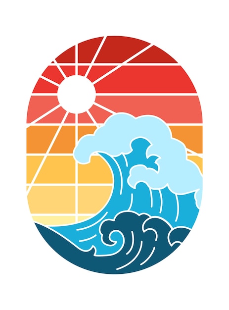 Waves and sun retro badge Vector illustration