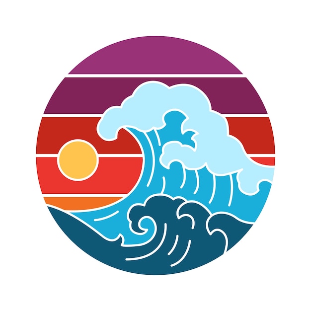 Waves on a sunset retro badge Vector illustration