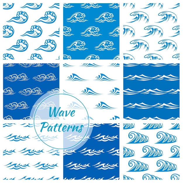 Waves water splashes seamless patterns set