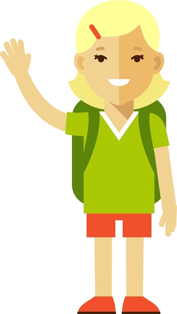 Waving Elementary Student Blonde Girl in Flat Style