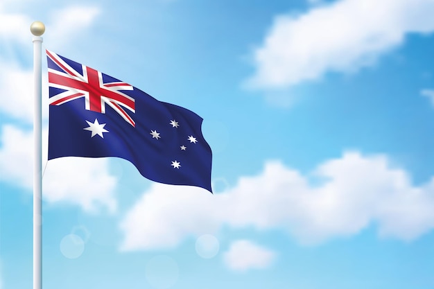 Waving flag of Australia on sky background Template for independence day poster design