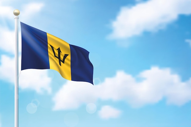 Waving flag of Barbados on sky background Template for independence day poster design