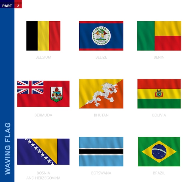 Коллекция развевающихся флагов в официальной пропорции девять векторных флагов