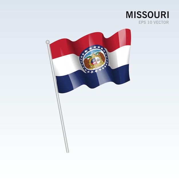 Waving flag of Missouri state of United States of America on gray background