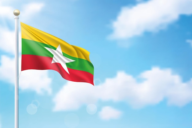 Vettore sventolando la bandiera del myanmar sullo sfondo del cielo modello per il design del poster del giorno dell'indipendenza