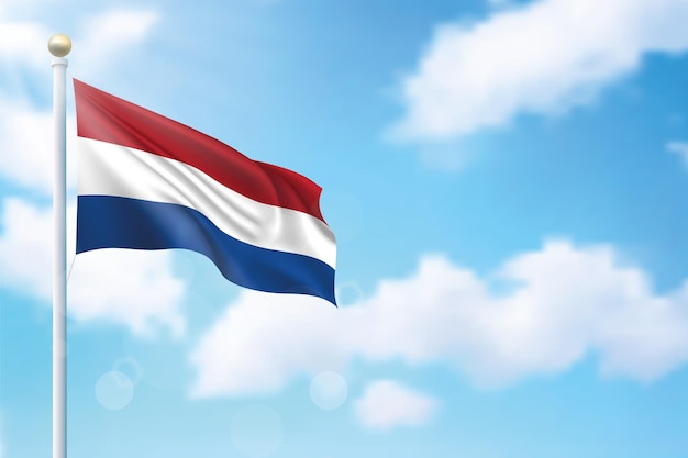 Waving flag of Netherlands on sky background Template for independence day poster design
