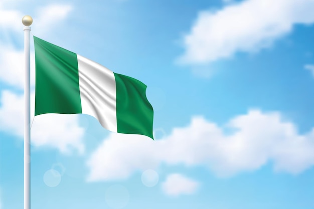 空の背景にナイジェリアの旗を振っています独立記念日ポスター デザインのテンプレート
