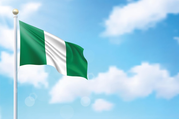 Waving flag of Nigeria on sky background Template for independence day poster design