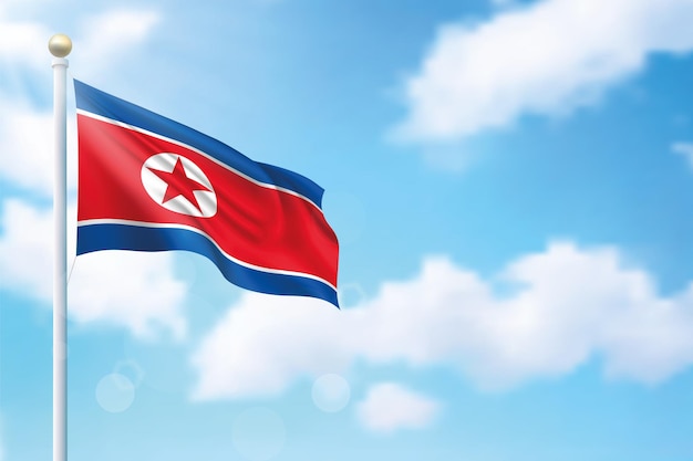 Waving flag of north korea on sky background template for independence day poster design