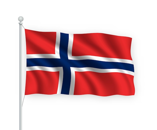 Развевающийся флаг норвегии на флагштоке изолированного на белом