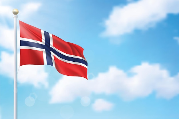 Waving flag of Norway on sky background Template for independence day poster design