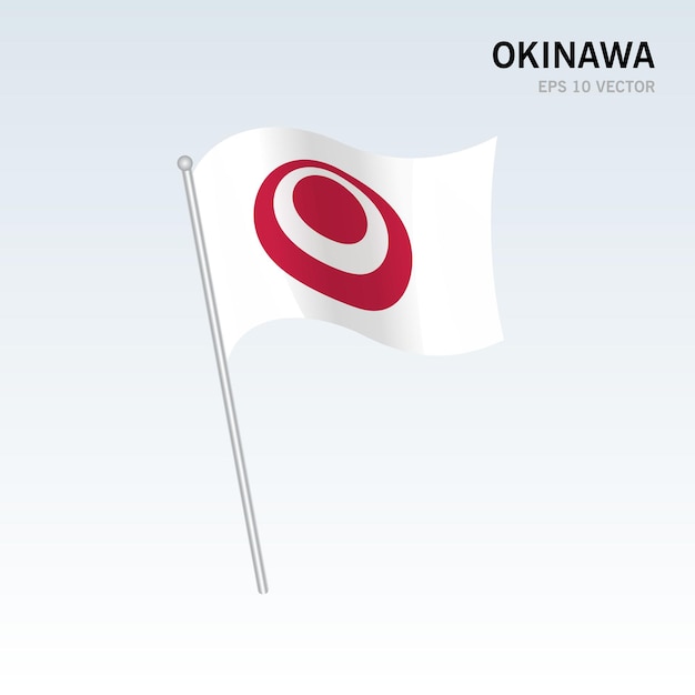회색 배경에 고립 된 일본의 오키나와 현의 깃발을 흔들며