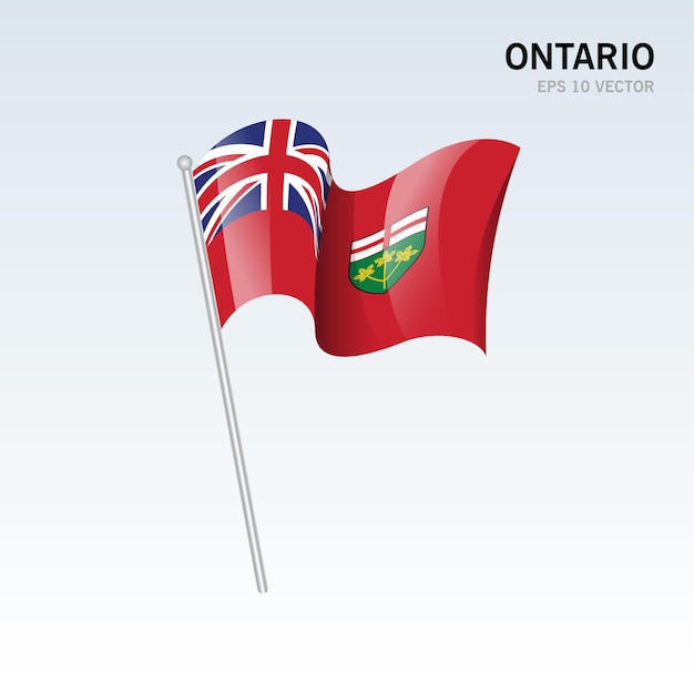 회색 배경에 고립 된 캐나다 온타리오 지방의 깃발을 흔들며