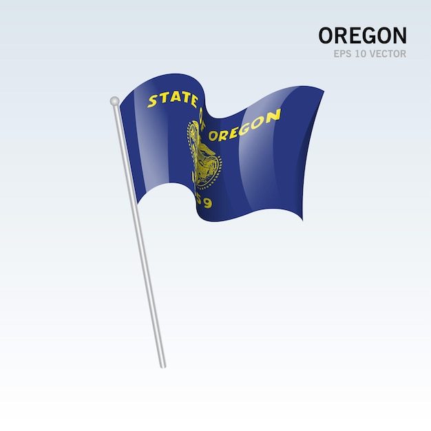 Sventolando la bandiera dello stato dell'oregon degli stati uniti d'america su sfondo grigio