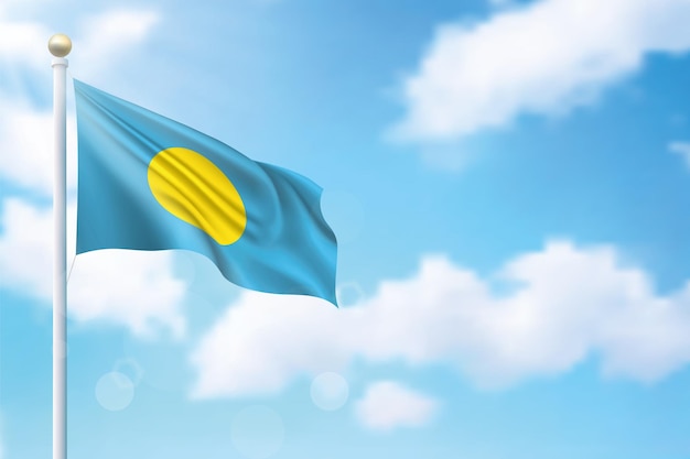 Waving flag of palau on sky background template for independence day poster design